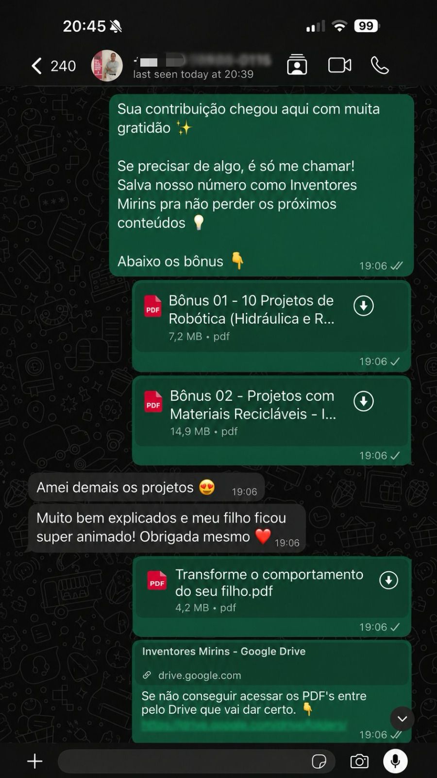 Captura de conversa com depoimento de um encarregado de educação
