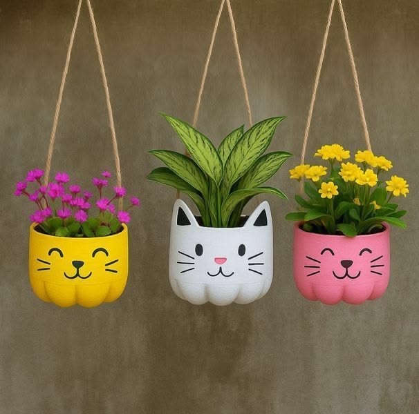 Vasos em forma de gato feitos com garrafas plásticas reutilizadas