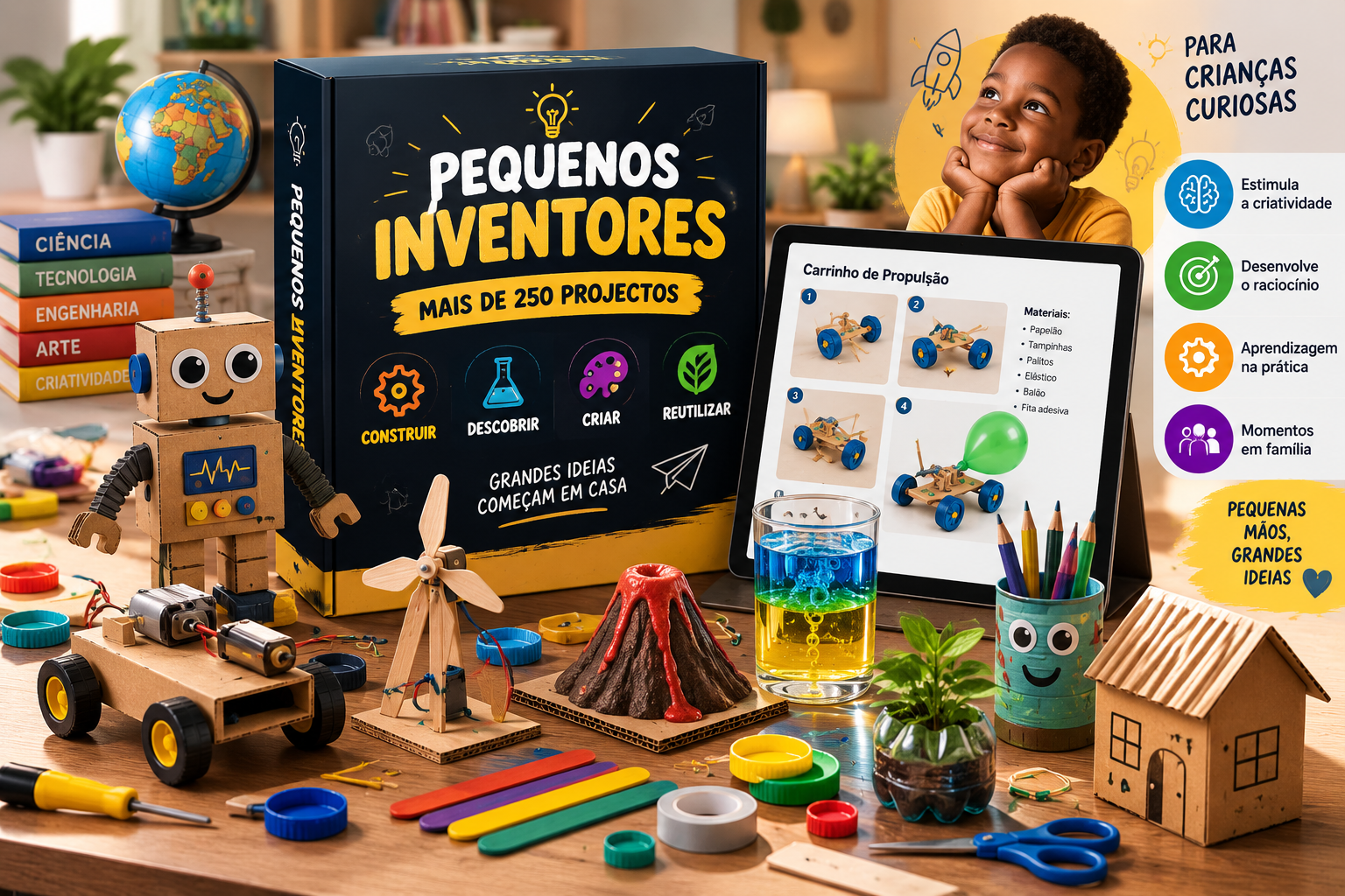 Kit Pequenos Inventores com robô de papelão, carrinho, vulcão e tablet mostrando projectos passo a passo