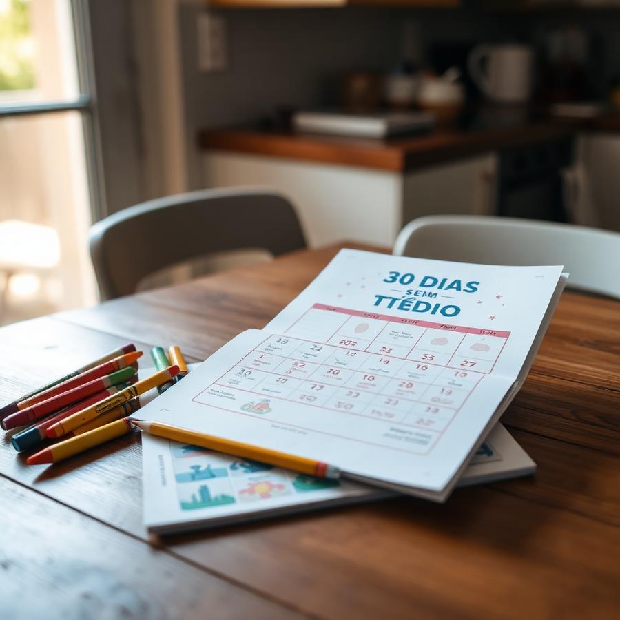 Calendário impresso do desafio 30 dias sem tédio sobre uma mesa de casa