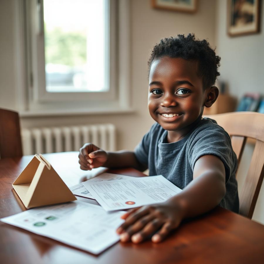 Criança a fazer sozinha um projecto de papelão com fichas impressas ao lado
