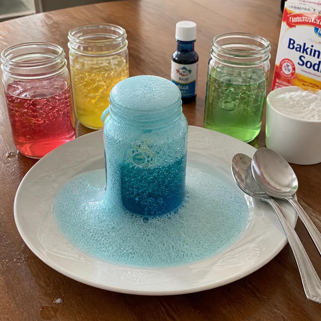 Experiência científica caseira com frascos de água colorida e espuma num prato