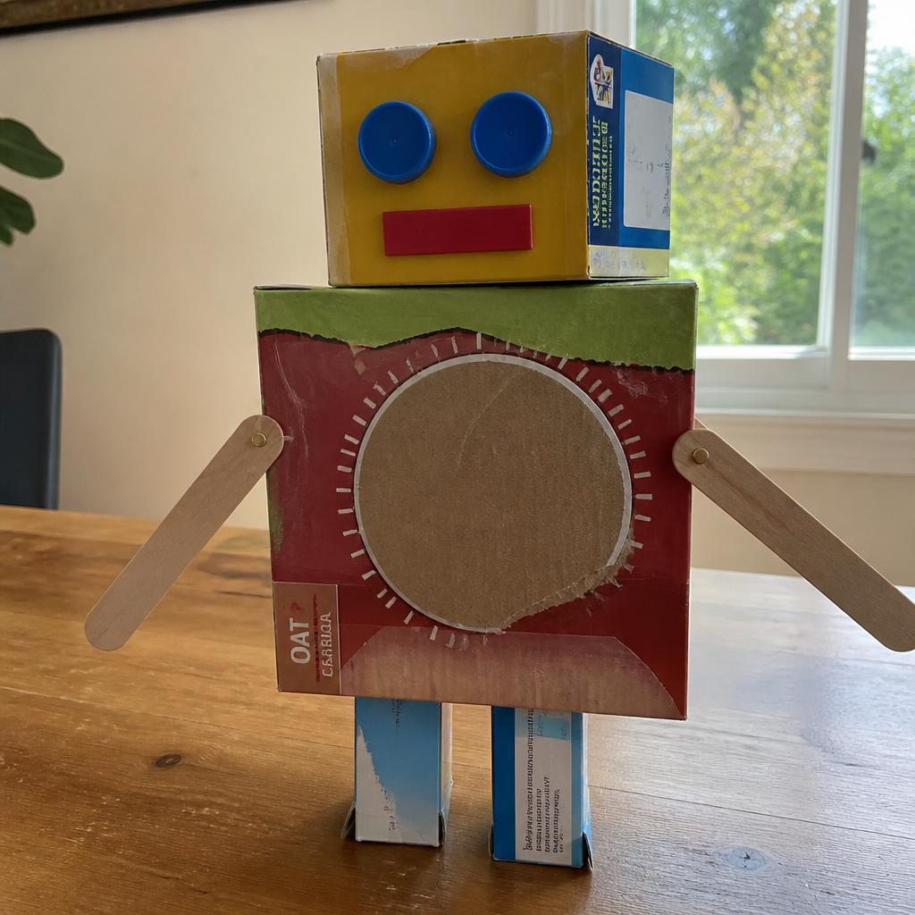 Robô feito com caixas de papelão, tampinhas e palitos sobre uma mesa